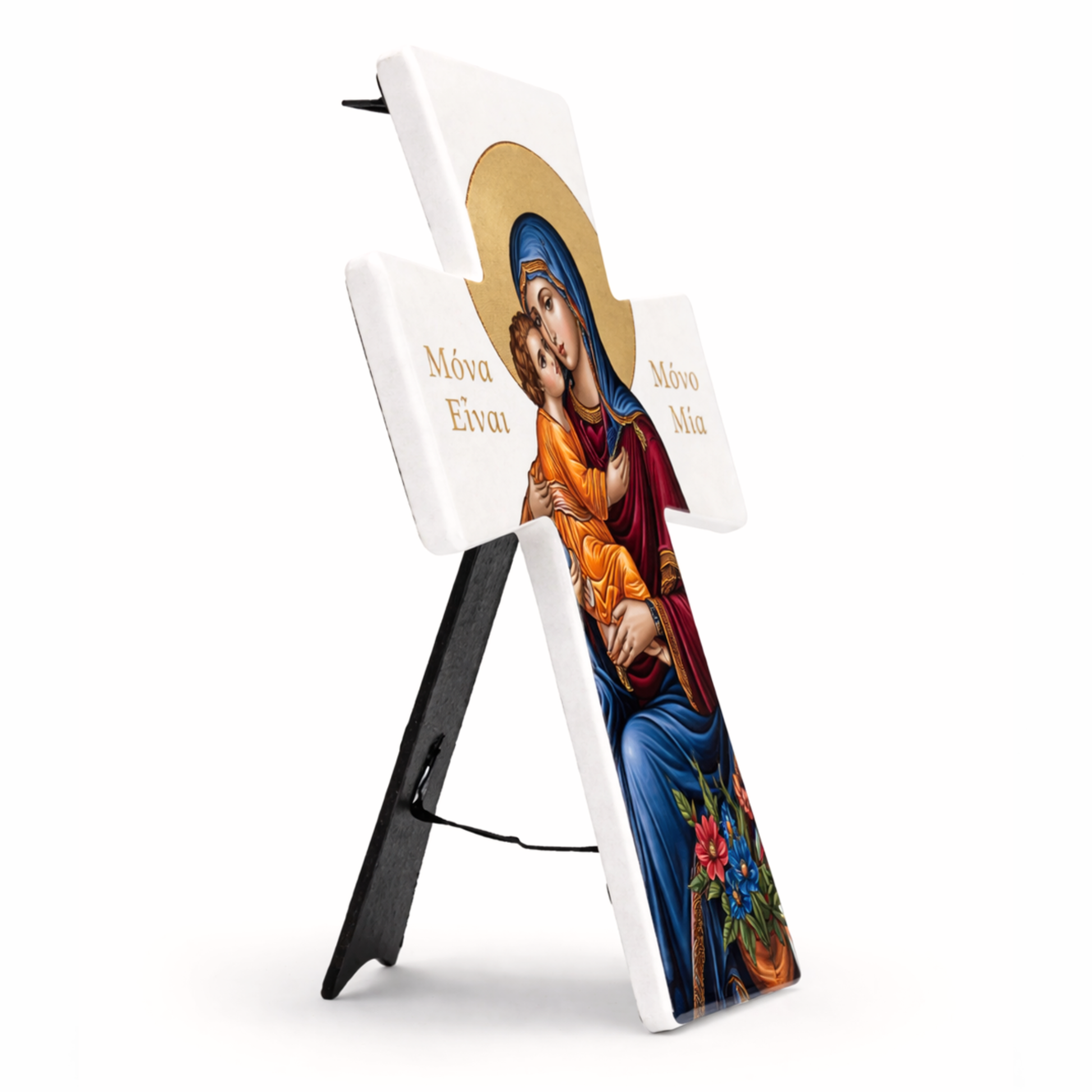 Angled view of glossy Greek ceramic cross with “Μάνα Είναι Μόνο Μία” and Virgin Mary with Christ. Freestanding religious gift made in Australia.