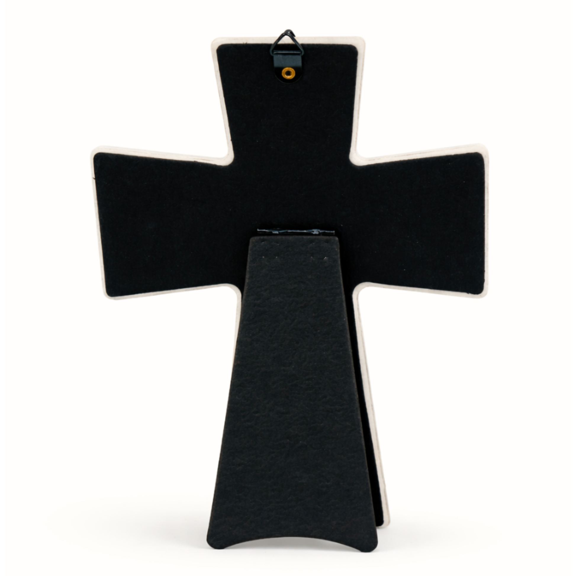 Back view of glossy Greek ceramic cross showing stand and hanging hook. “Μάνα Είναι Μόνο Μία” religious cross made in Australia.
