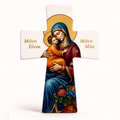 Greek ceramic cross with “Μάνα Είναι Μόνο Μία” and Virgin Mary holding Christ. Glossy religious cross made in Australia for Greek and Orthodox homes.