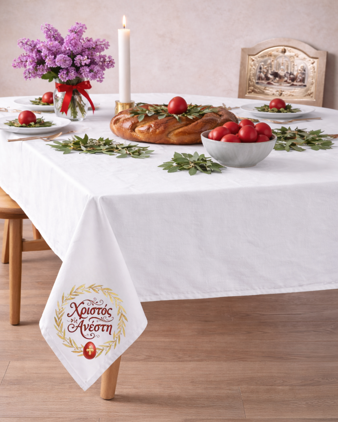 Orthodox Easter tablecloth featuring Χριστός Ανέστη design styled for Greek Pascha table setting.