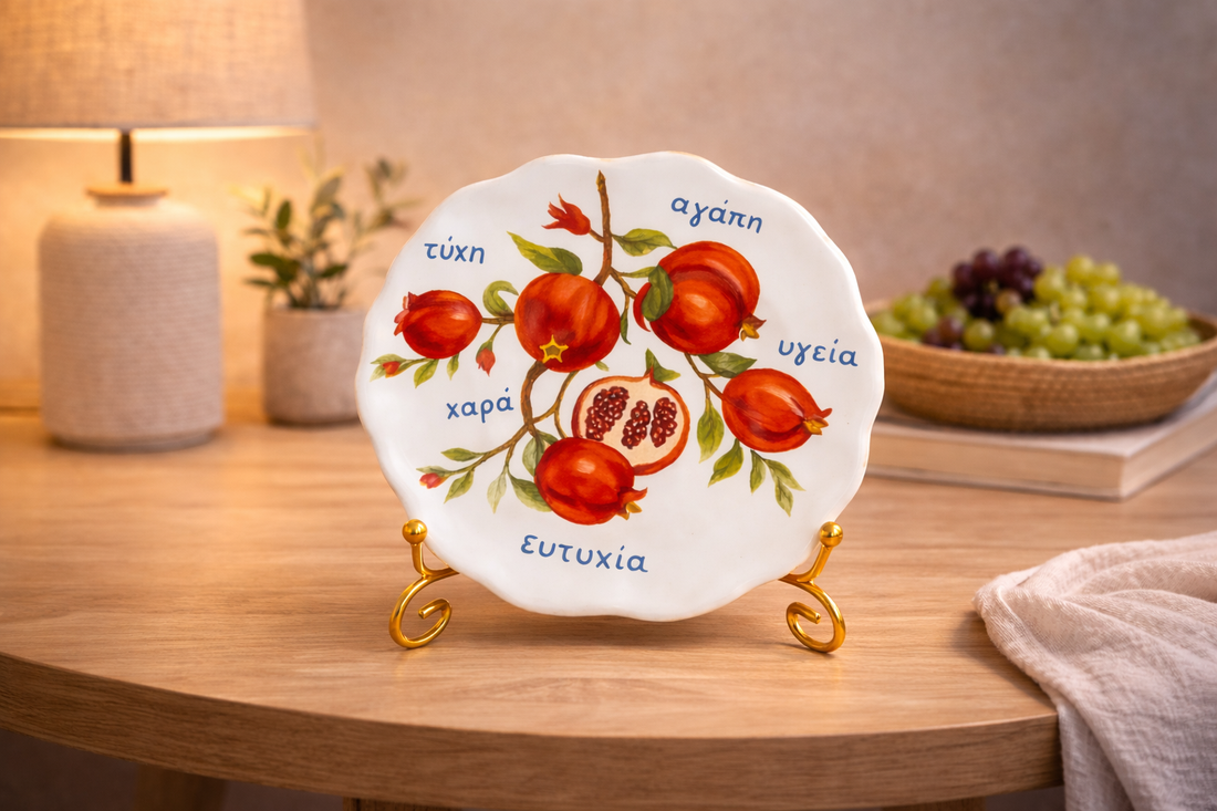Mini ceramic Greek pomegranate Gouri (lucky charm) plate with Greek blessing words, displayed on a gold metal stand on a wooden surface.