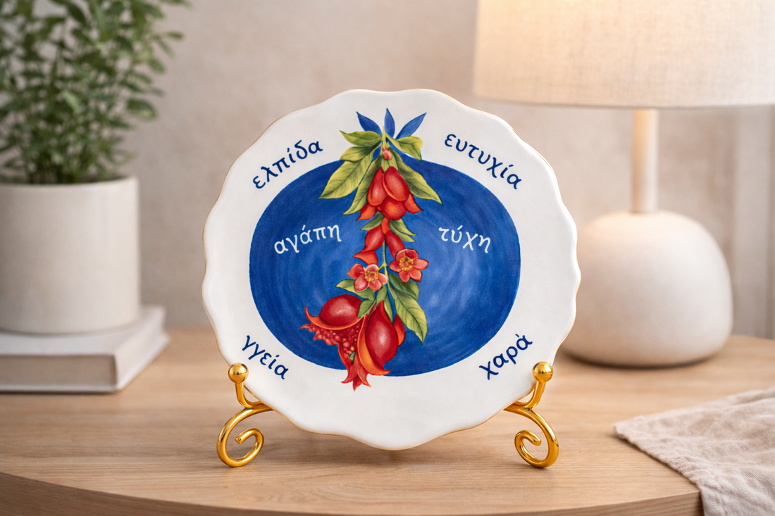 Mini ceramic Greek pomegranate Gouri (lucky charm) plate with Greek blessing words, displayed on a gold metal stand on a wooden surface.