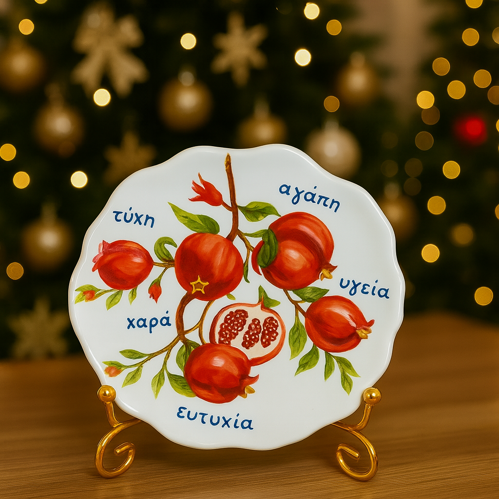 Rustic Greek Kali Tihi pomegranate lucky charm plate on a gold stand, styled with Christmas ornaments and holiday decor.