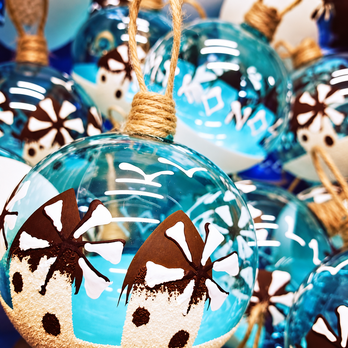 Hand-blown Greek glass Mykonos Christmas baubles with blue and white windmill design, handmade in Thessaloniki Greece