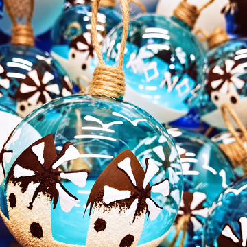 Hand-blown Greek glass Mykonos Christmas baubles with blue and white windmill design, handmade in Thessaloniki Greece
