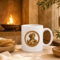 Hestia Greek Goddess ceramic mug with Greek mythology artwork, styled with a warm home and hearth inspired background.