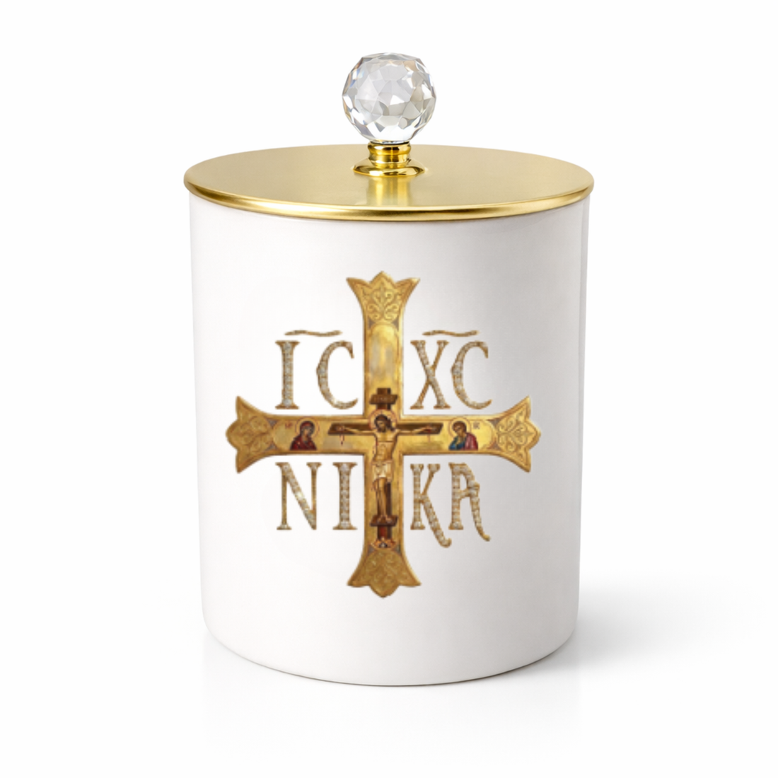ICXC NIKA Christ candle in white vessel with gold lid for Orthodox Easter home décor