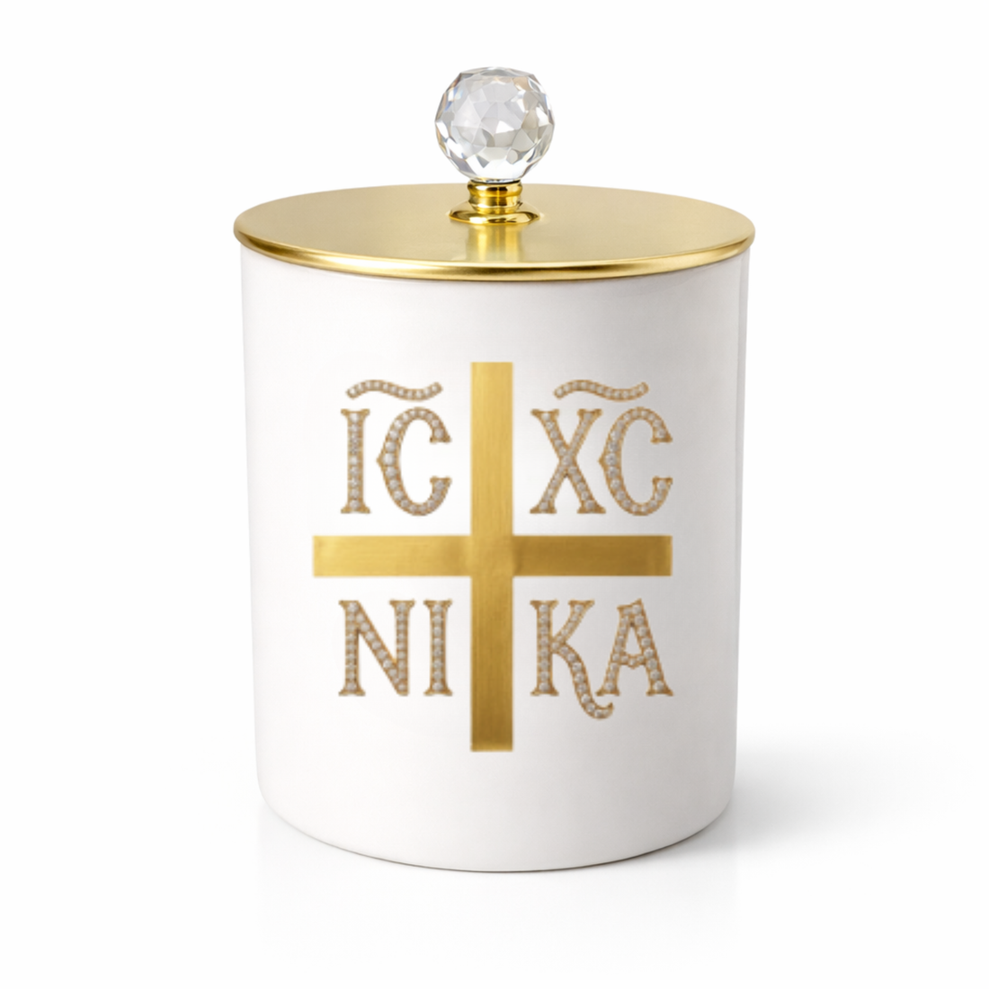 ICXC NIKA gold cross candle in white vessel with gold lid for Orthodox décor
