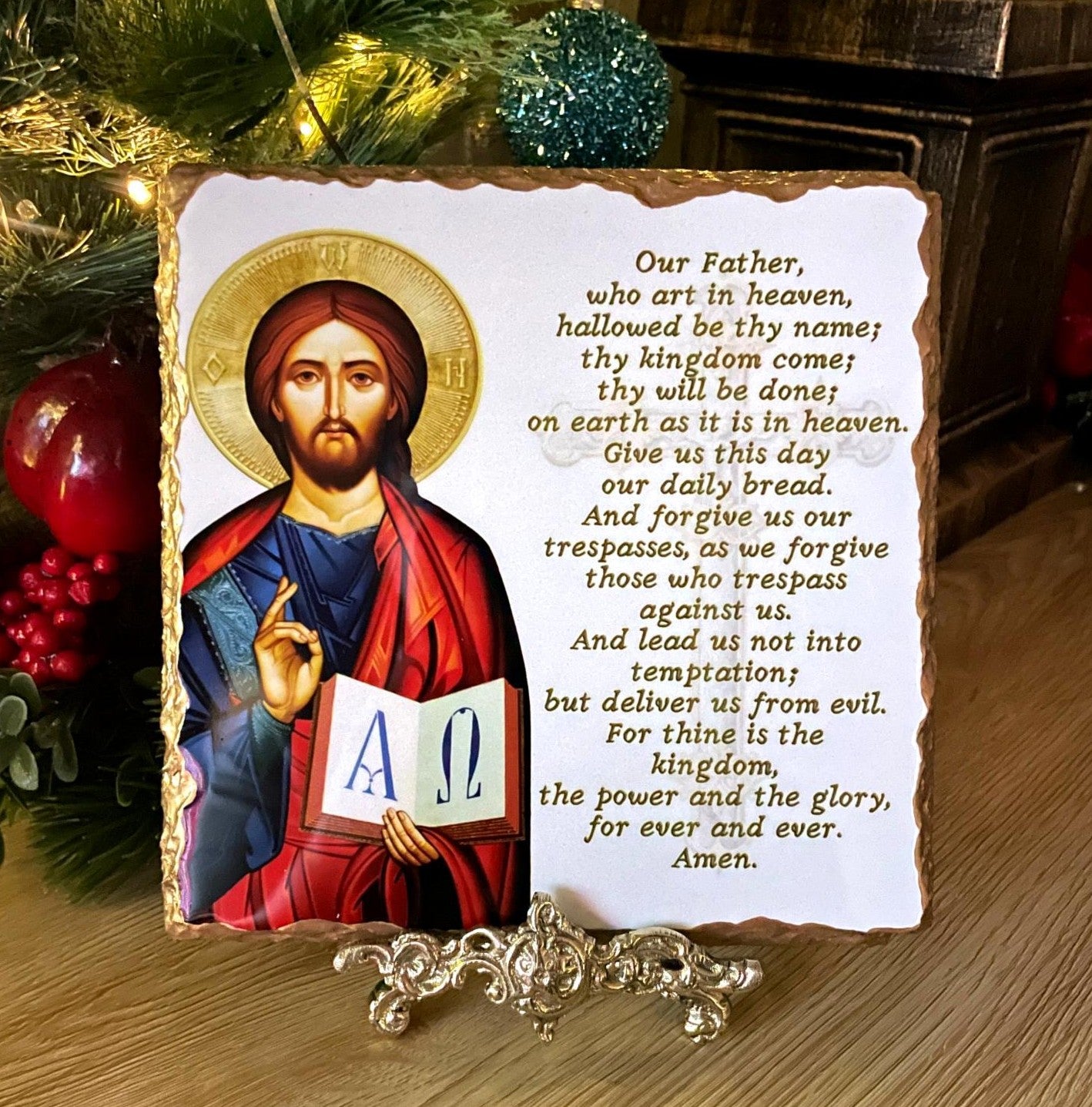 Orthodox icon of Jesus Christ Pantocrator. Handmade slate Greek icon featuring the Lord’s Prayer in Greek or English, displayed on brass stand.