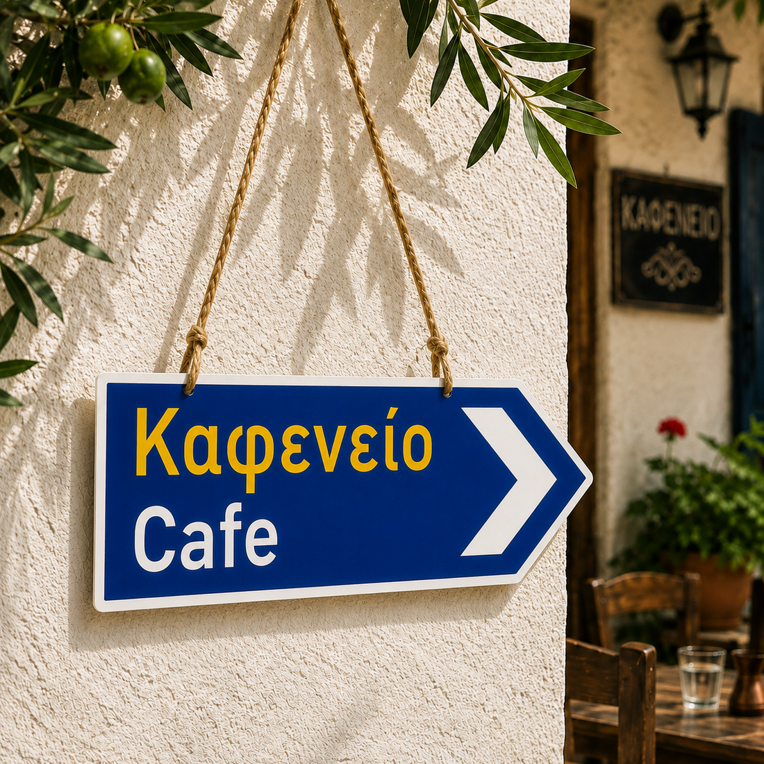 Kafeneio Cafe Greek metal sign hanging outside a Greek cafe