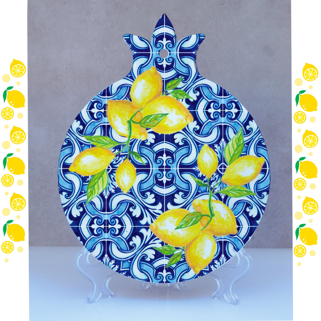 Decorative plate with blue pattern and yellow lemons on a stand against a gray background. Love Your Lemons Decorative Plaque Home - Greek inspirational wall plaque, home or office decor
