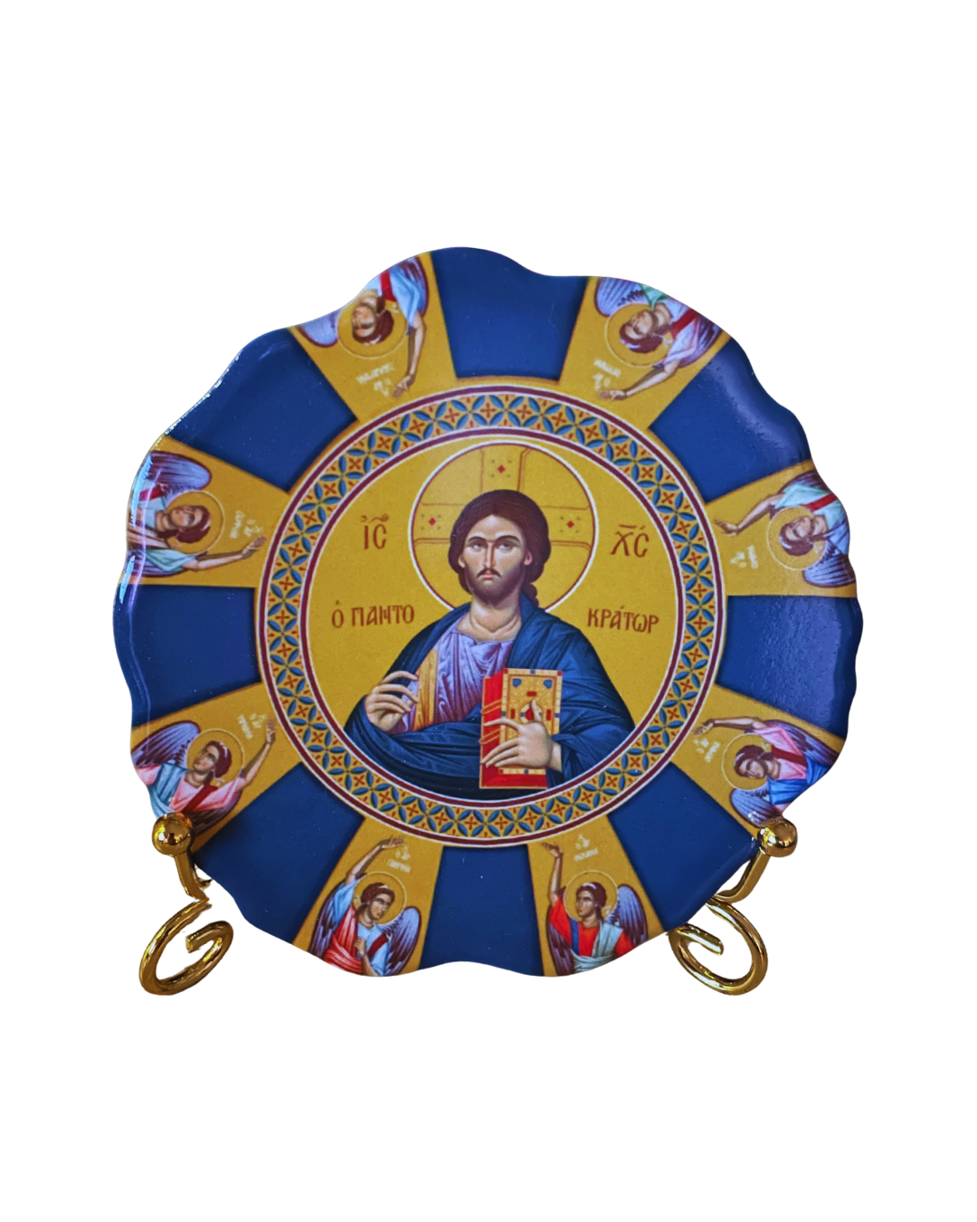 Mini ceramic Orthodox icon plate of Jesus Christ on gold stand.