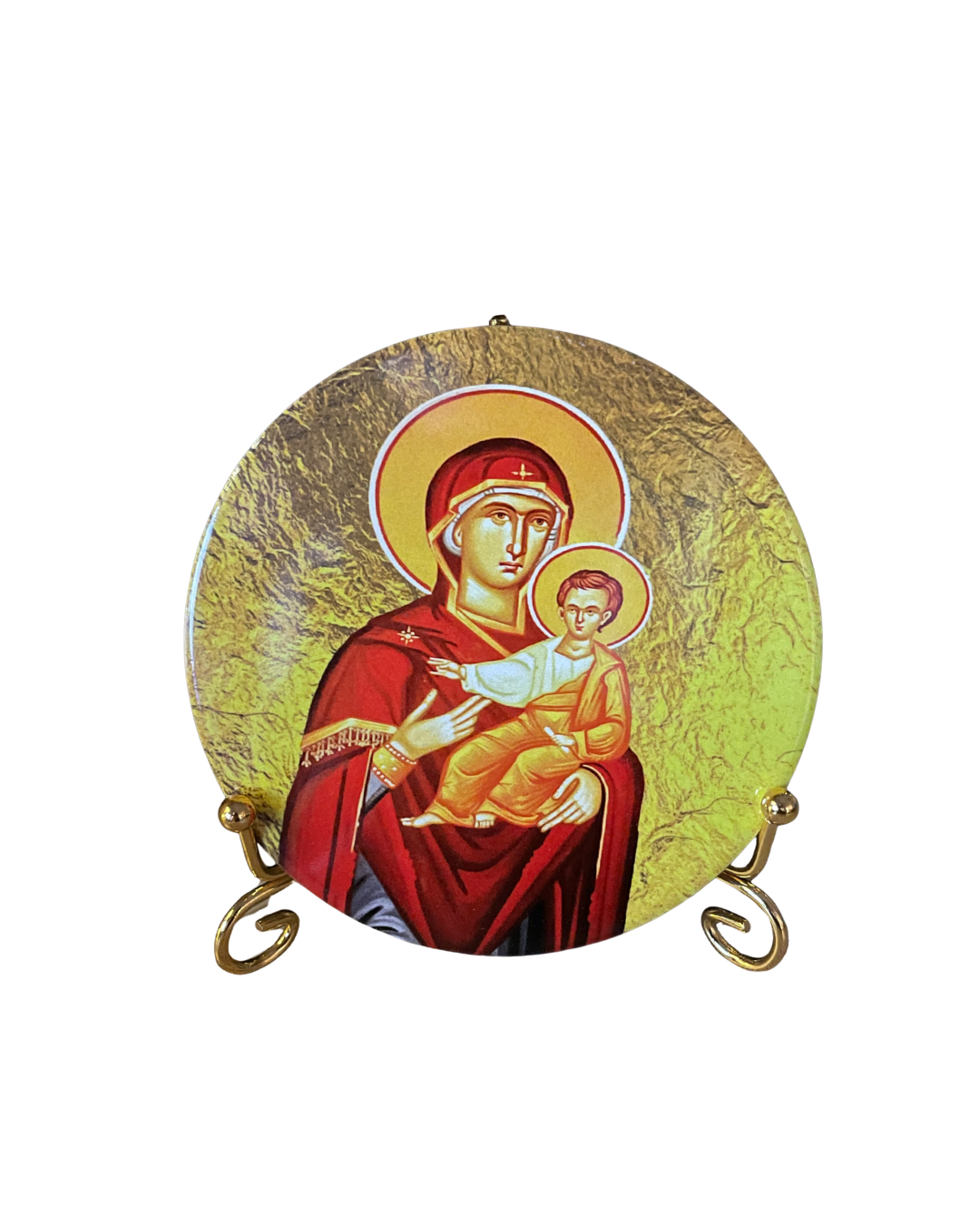 Small round Panayia icon plate with glossy ceramic finish.