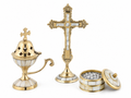 Mother of pearl Orthodox censer, decorative standing cross and incense box set with gold-toned detail
