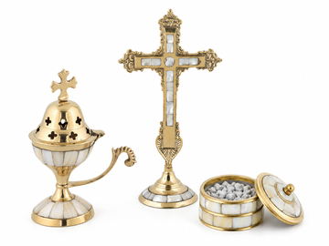Mother of pearl Orthodox censer, decorative standing cross and incense box set with gold-toned detail