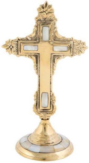 Orthodox cross with mother of pearl placed in prayer corner with vigil lamp