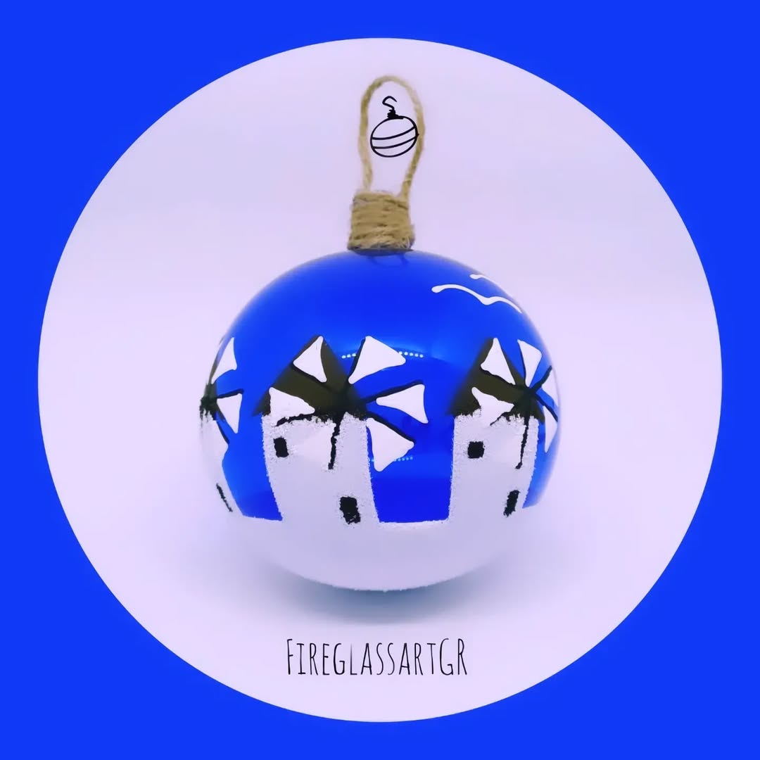 Cobalt blue Mykonos Greek glass Christmas bauble with white windmills, hand blown in Thessaloniki Greece