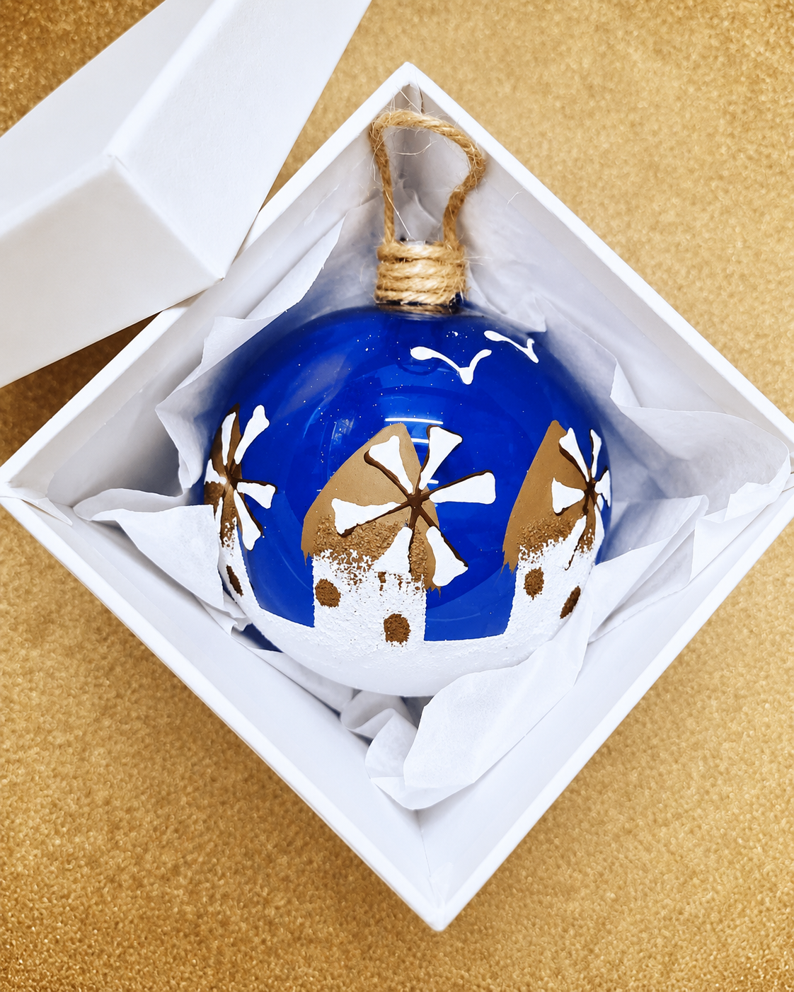 Cobalt blue hand-blown Greek glass Mykonos Christmas bauble presented in a white gift box