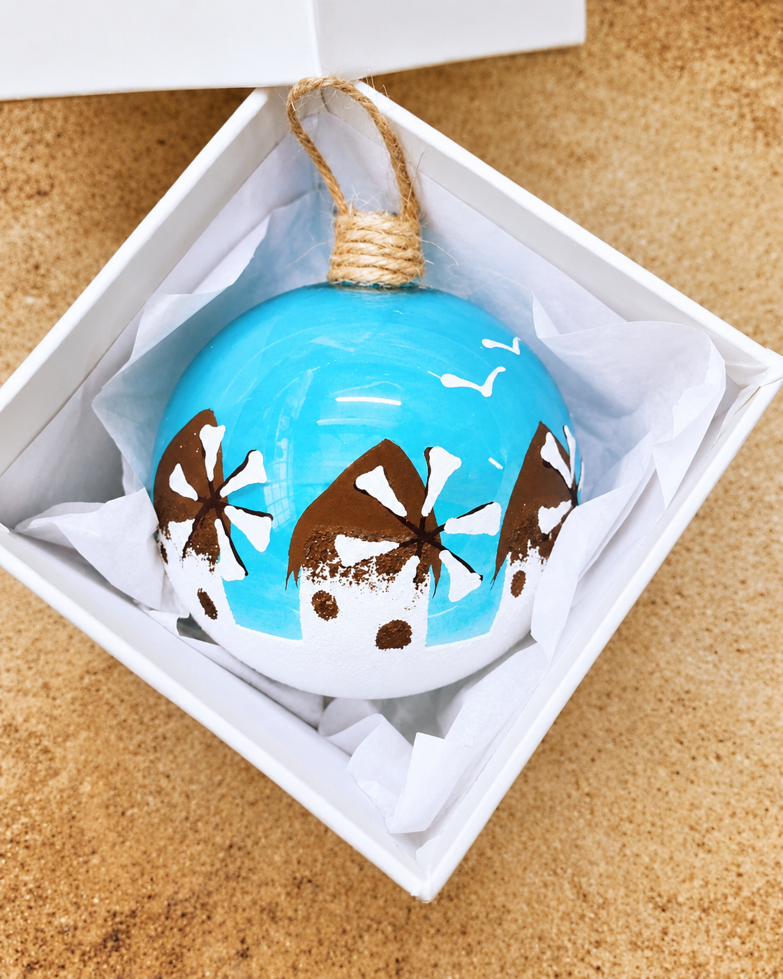Turquoise hand-blown Greek glass Mykonos Christmas bauble presented in a white gift box