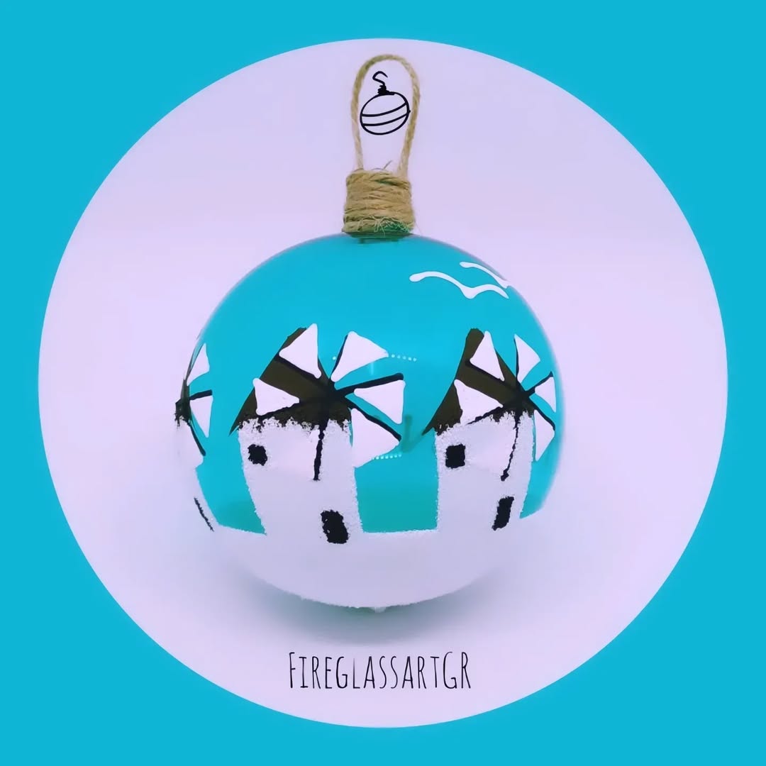 Turquoise Mykonos Greek glass Christmas bauble with white windmill design, handmade in Thessaloniki by Greek glass blowers