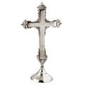 Brass Orthodox standing cross for prayer corner. Decorative Greek Orthodox altar cross for home display.