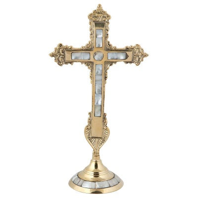 Orthodox brass cross with mother of pearl inlay for prayer corner or home altar