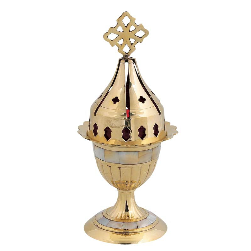Orthodox brass kantili vigil lamp with mother of pearl detail 21cm for prayer corner or home altar