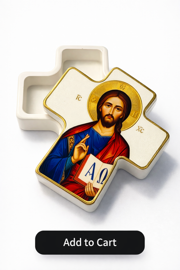 Orthodox cross trinket box featuring Christ icon design with removable lid for keepsakes or jewellery.