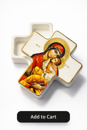 Orthodox cross trinket box featuring Panayia and Child icon design with removable lid for keepsakes or jewellery.