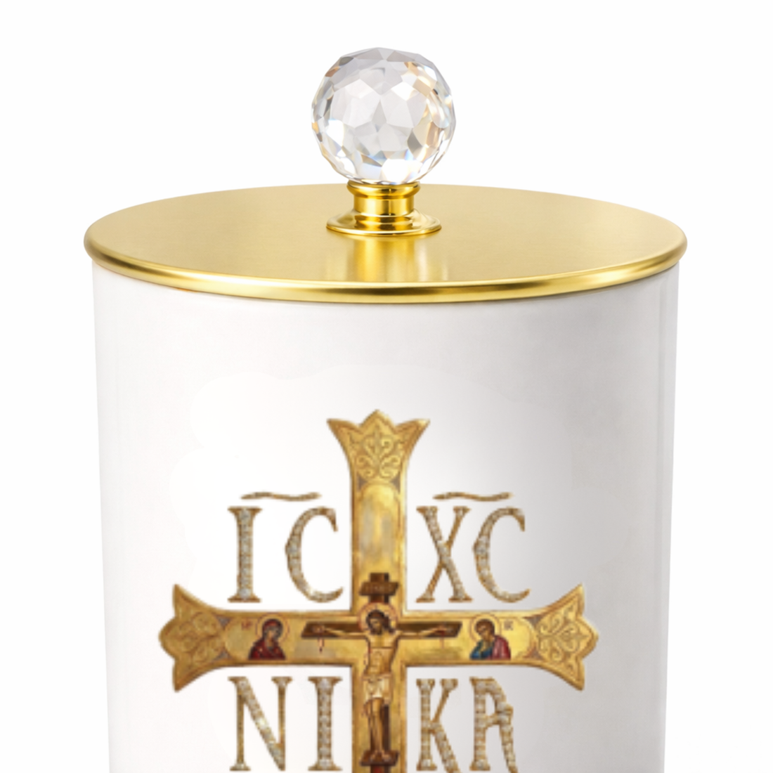 ICXC NIKA Christ candle in white vessel with gold lid for Orthodox Easter home décor