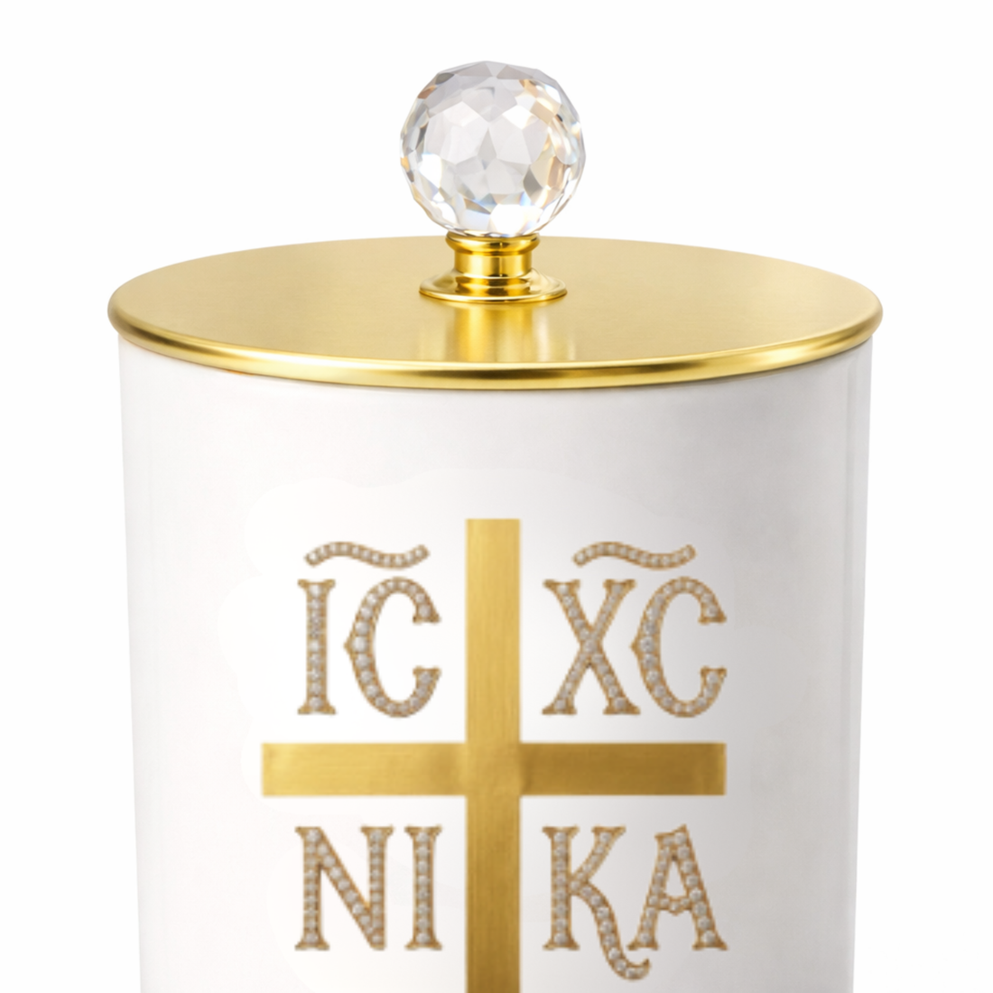 ICXC NIKA gold cross candle in white vessel with gold lid for Orthodox décor