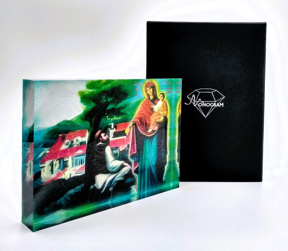 Panagia Oikonomousa 3D acrylic block Greek Orthodox icon by Monogram Atelier