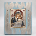 Greek Panayia icon for boys nursery in blue and silver, oak wood with 925 silver detail and Swarovski stones