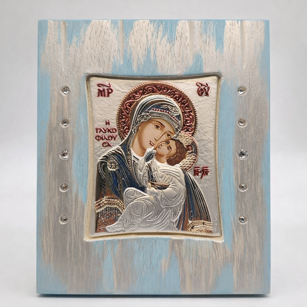 Greek Panayia icon for boys nursery in blue and silver, oak wood with 925 silver detail and Swarovski stones