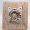 Greek Panayia icon for girls nursery in pink and gold, oak wood with 925 silver detail and Swarovski stones