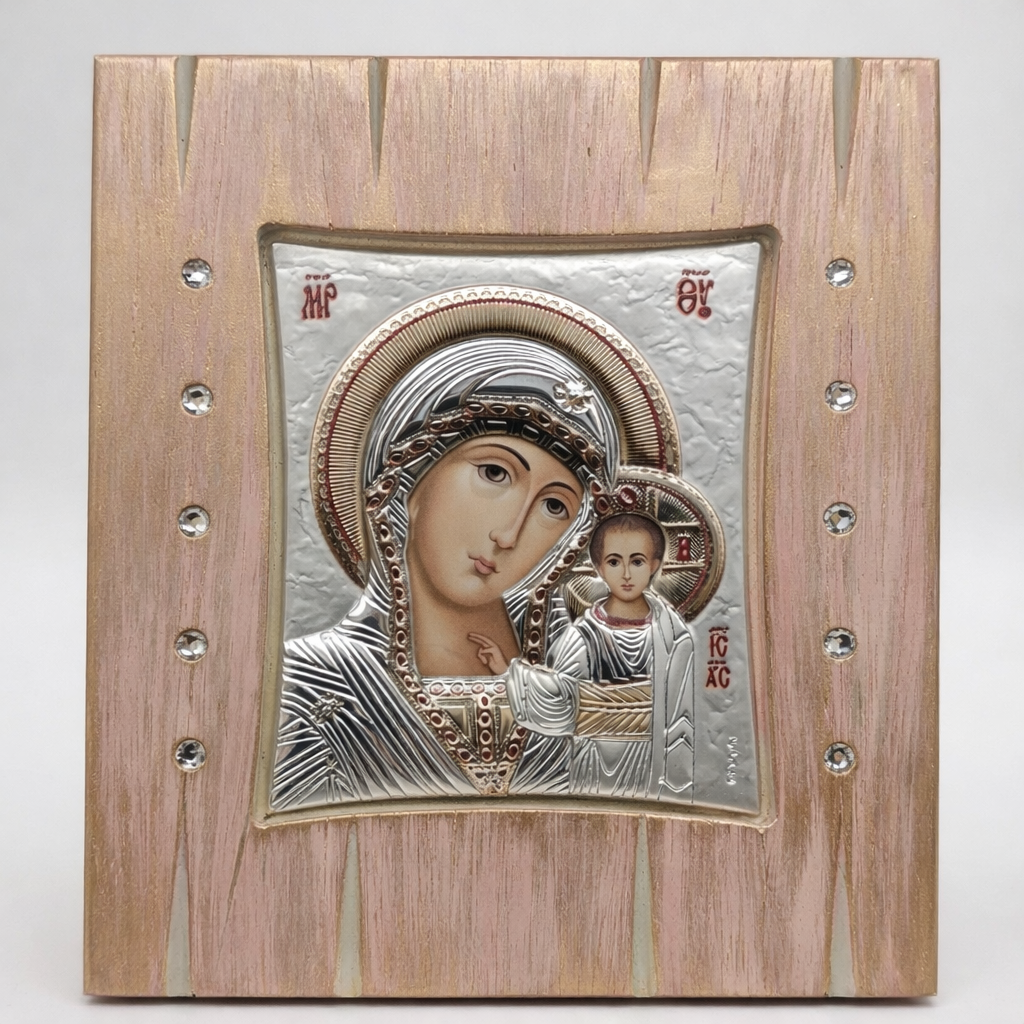Greek Panayia icon for girls nursery in pink and gold, oak wood with 925 silver detail and Swarovski stones