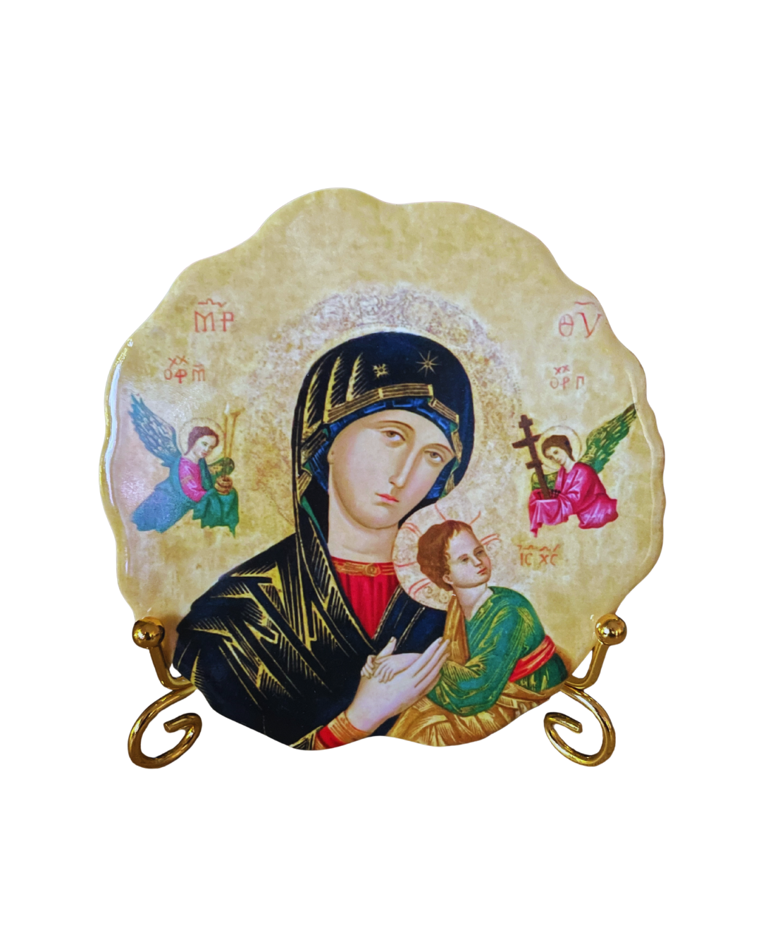 Mini ceramic Orthodox icon plate of the Virgin Mary on gold stand.