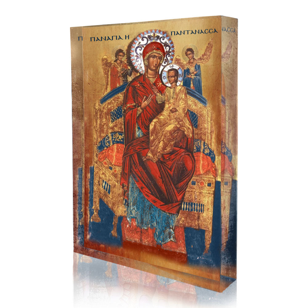 Orthodox plexiglass icon of Panayia Pantanassa enthroned with Christ. Handmade Greek icon with gold and red tones, crafted by Monogram Atelier.