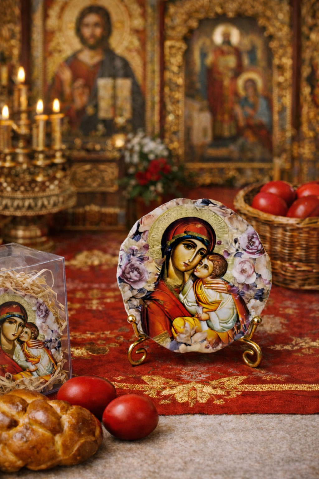 Orthodox icon of Panayia and Christ Child. Handmade Greek mini icon on a gold stand, styled for an Orthodox Easter table with red eggs and tsoureki in a Greek-Australian home.