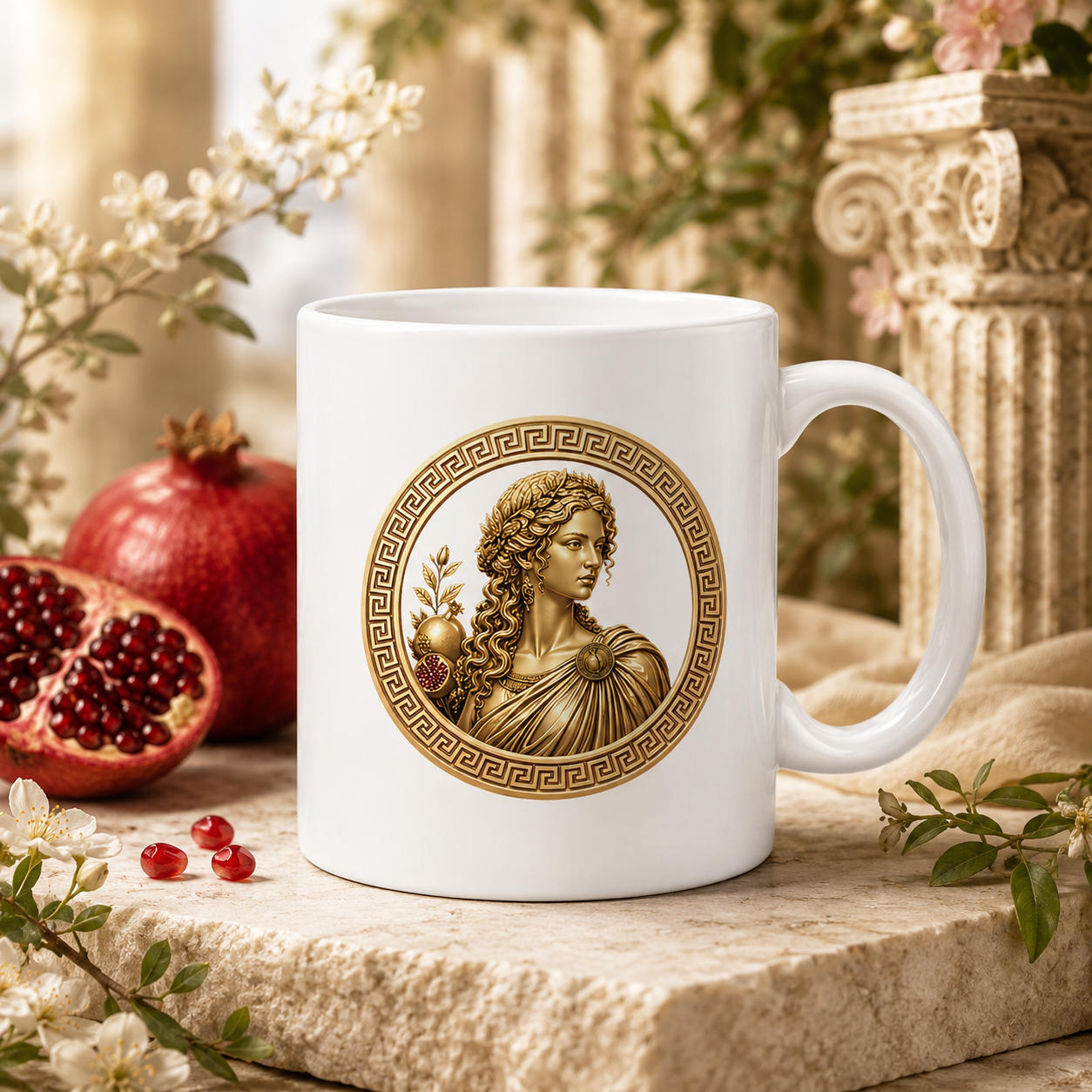 Persephone Greek Goddess ceramic mug with Greek mythology artwork, styled with a spring and pomegranate inspired background.