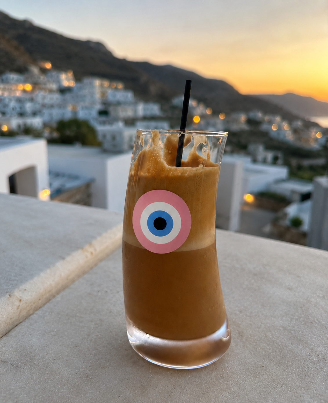 Pink evil eye Original Wave Frappe Glass 4 Pack by Miss Ble Blu for Greek frappe, freddo espresso and iced coffee.