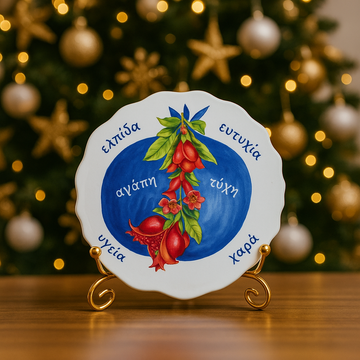 Rustic Greek Kali Tihi pomegranate lucky charm plate on a gold stand, styled with Christmas ornaments and holiday decor.