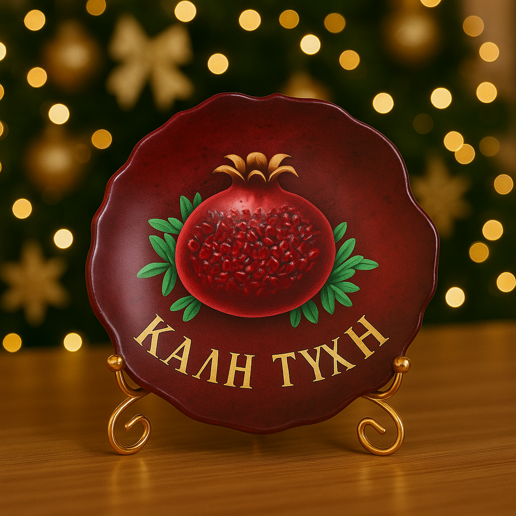 Greek “ΚΑΛΗ ΤΥΧΗ” lucky charm plate with pomegranate artwork on a gold stand, styled in a Christmas setting with warm holiday lights.