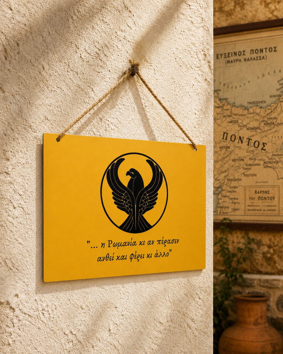Pontian Greek Pontos metal sign featuring black eagle and Greek quote