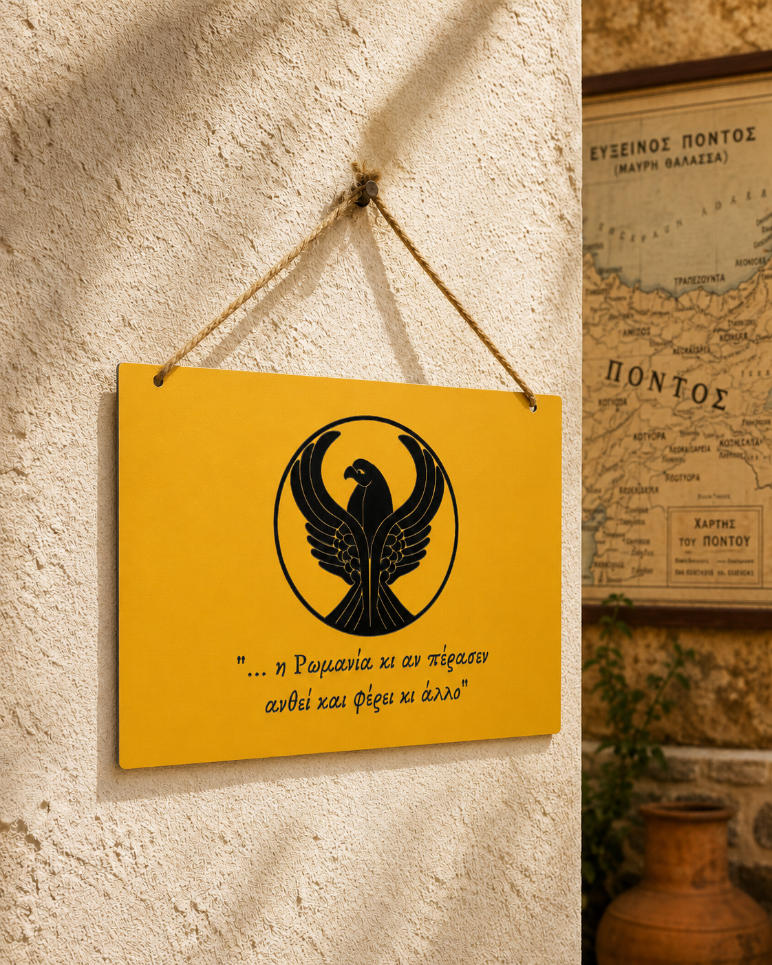 Pontian Greek Pontos sign featuring black eagle and Greek quote