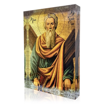 Orthodox plexiglass icon of Saint Andrew the First-Called Apostle, shown with long beard, gold halo and Gospel book. Handmade Greek icon in warm earthy tones.