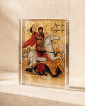 Orthodox icon of Saint George displayed in a styled home setting. Handmade Greek plexiglass icon with a striking 3D effect.