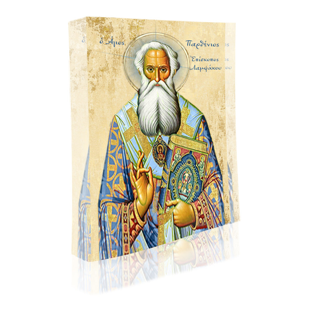 Handcrafted Greek Orthodox 3D icon of Saint Parthenius the Miracle Worker, Patron Saint of Cancer Patients, by Monogram Atelier for Miss Ble Blu.
