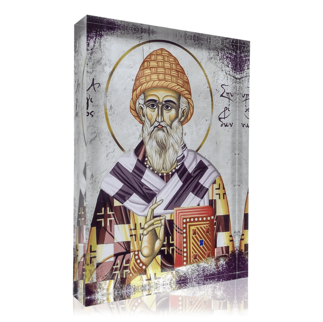 An icon depicting Saint Spirithonas, featuring a detailed portrait with a gold-colored halo and a book, set against a textured background.