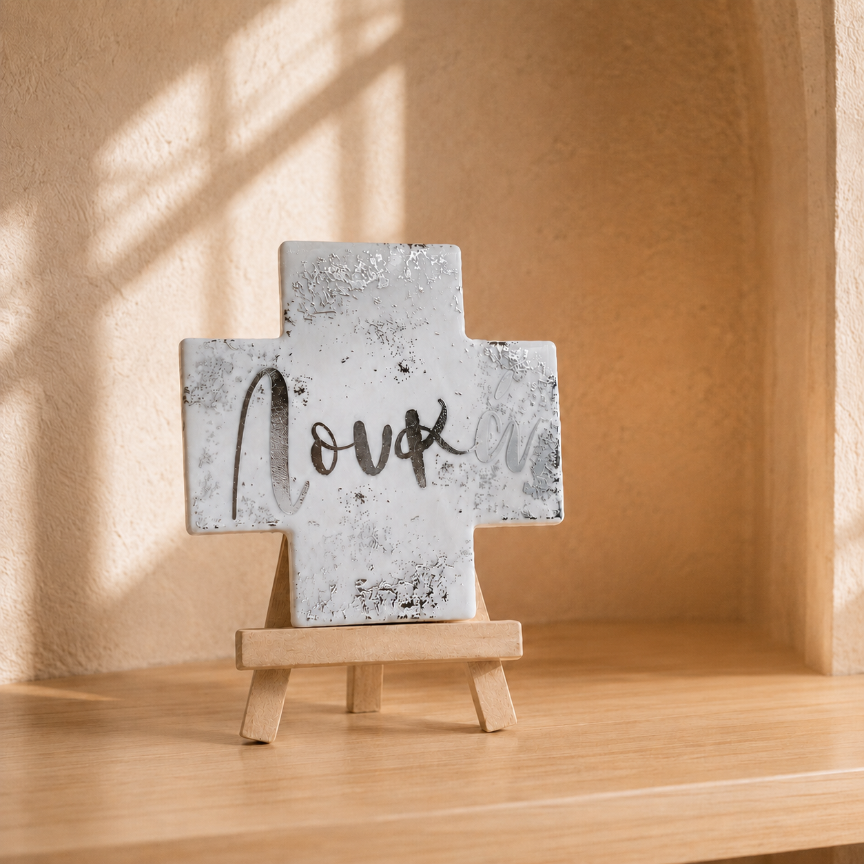 White ceramic Greek Orthodox name cross with silver detailing displayed on a wooden stand in a warm neutral prayer corner setting